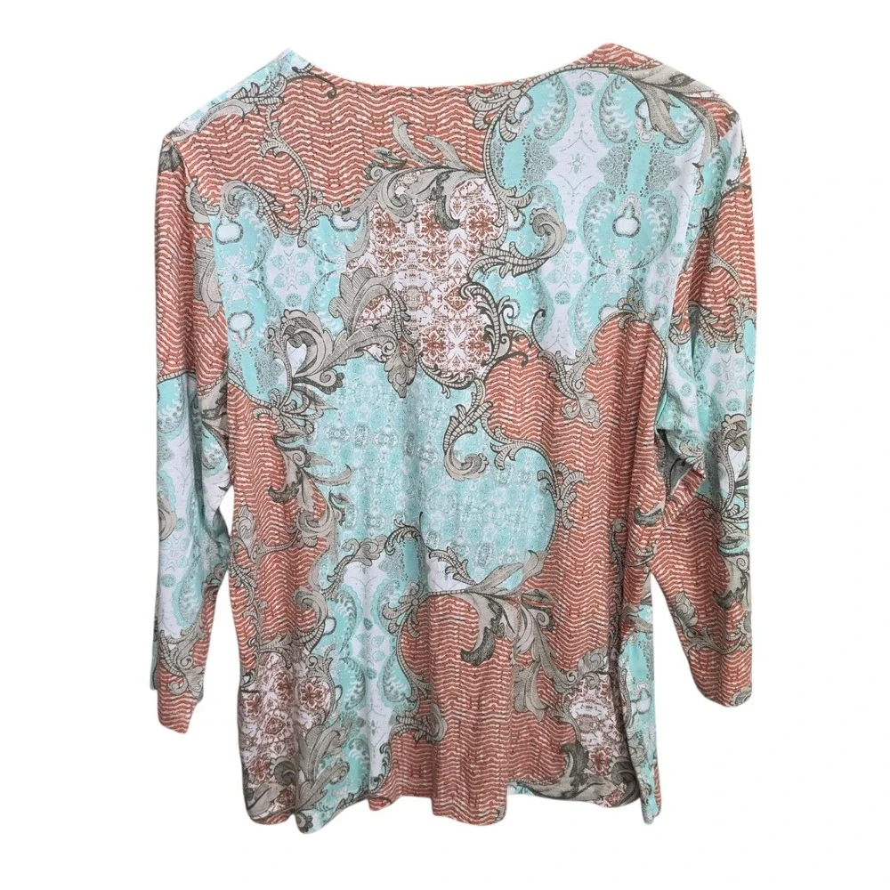 Chicos Top Womens 2‎ US Large Teal Orange Scoop Neck 3/4 Sleeve Tee Printed